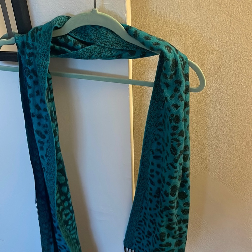 Teal and black leopard print scarf with tassels